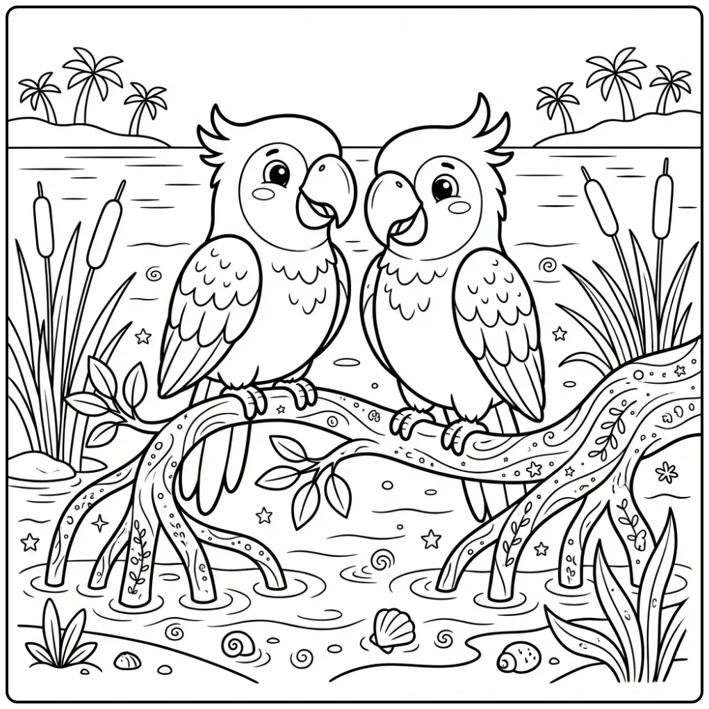 Parrot coloring page with two parrots in a lagoon