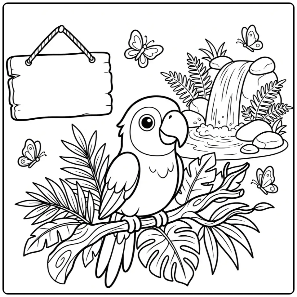 Cute Parrot with Butterflies and Ferns coloring page