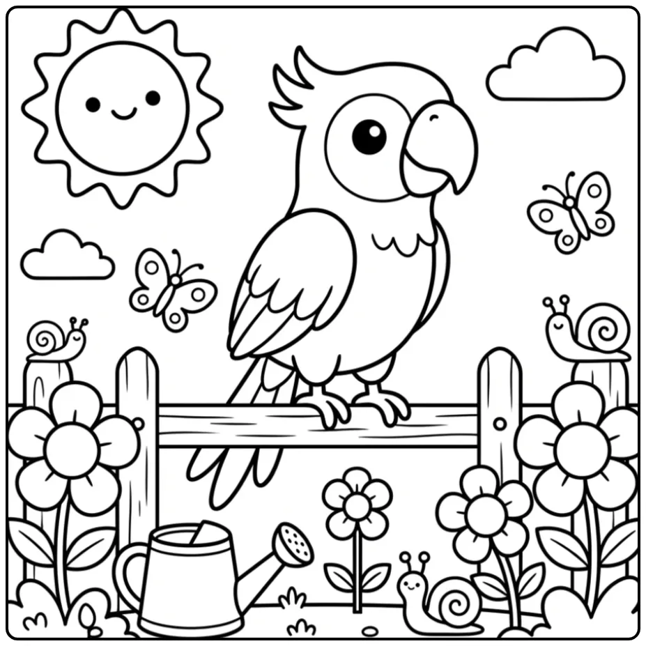 Cute Parrot for Toddlers in the Garden coloring page