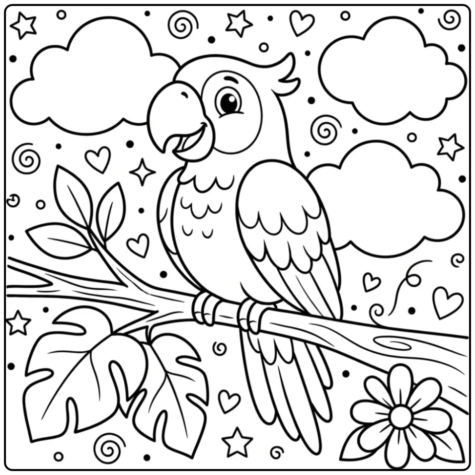 Cute Parrot for Toddlers with Flower coloring page