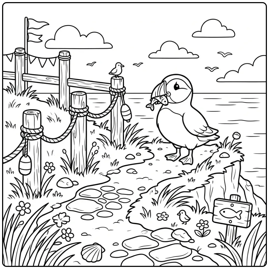Cute Puffin on the Cliff coloring page