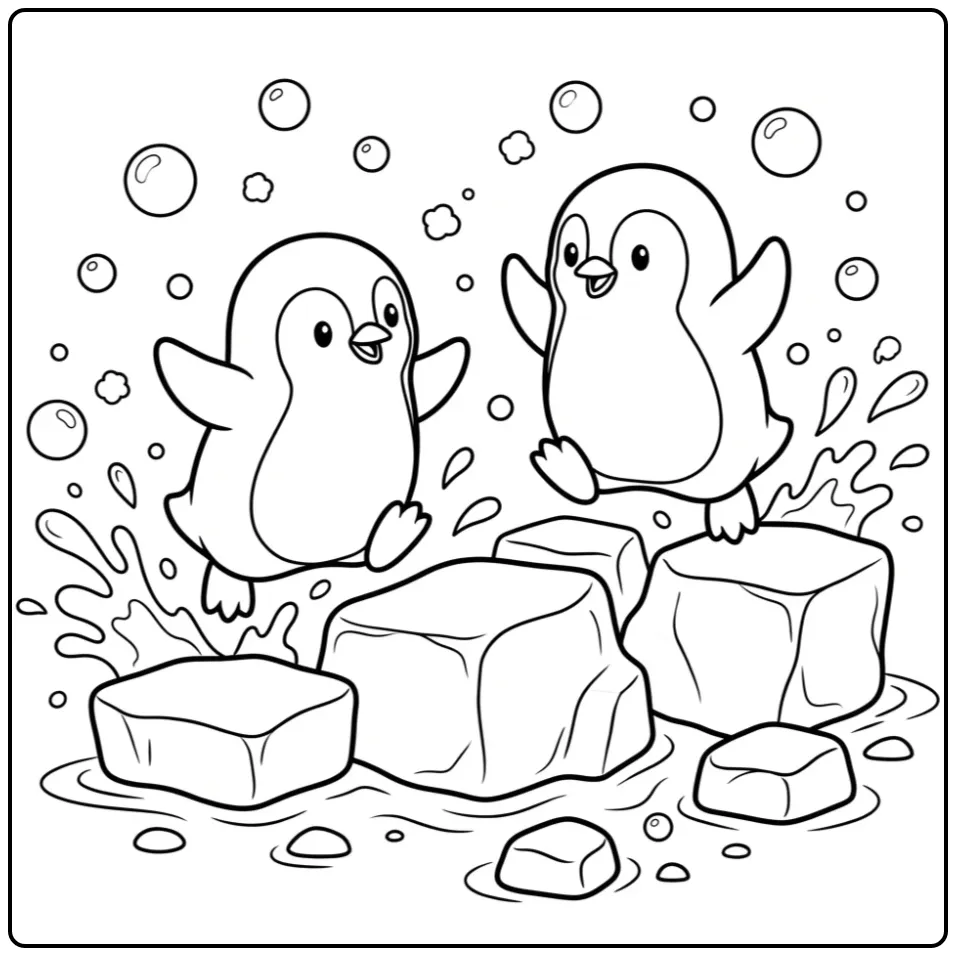 Penguin coloring page jumping over ice blocks