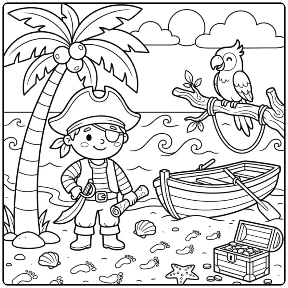 Cute Pirate with Parrot on Adventure coloring page