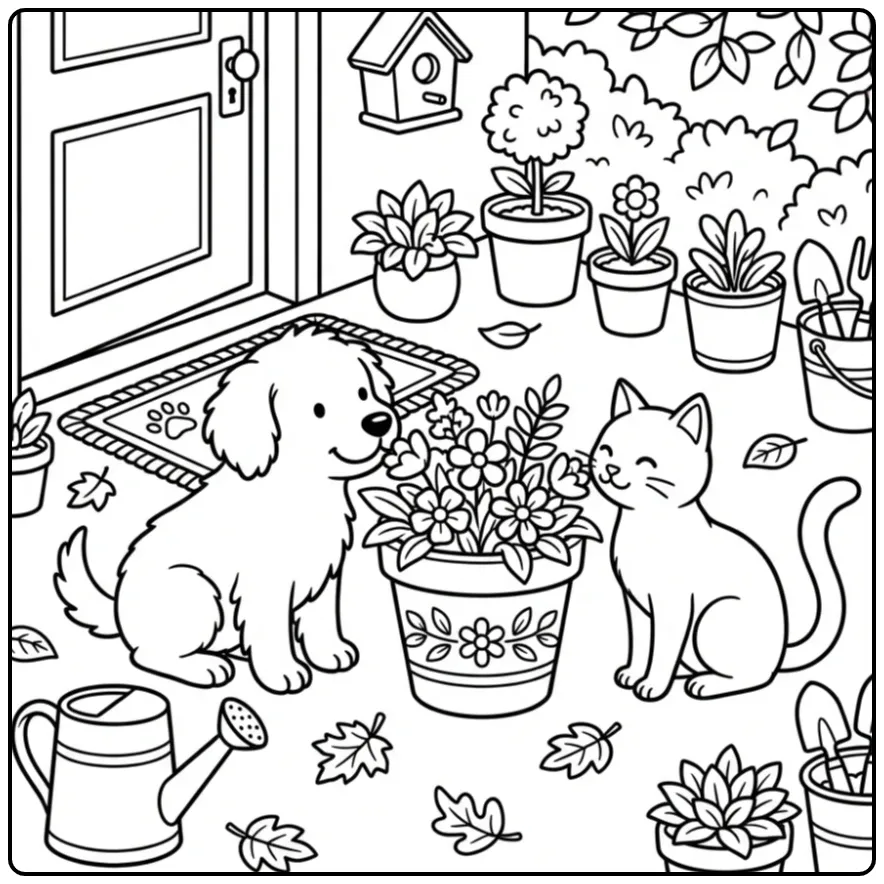 Cute Cat and Dog on the Patio coloring page