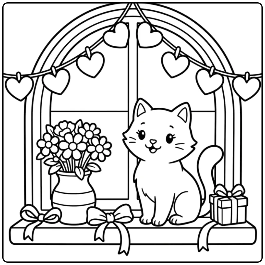 Cute Cat with Hearts and Gift coloring page