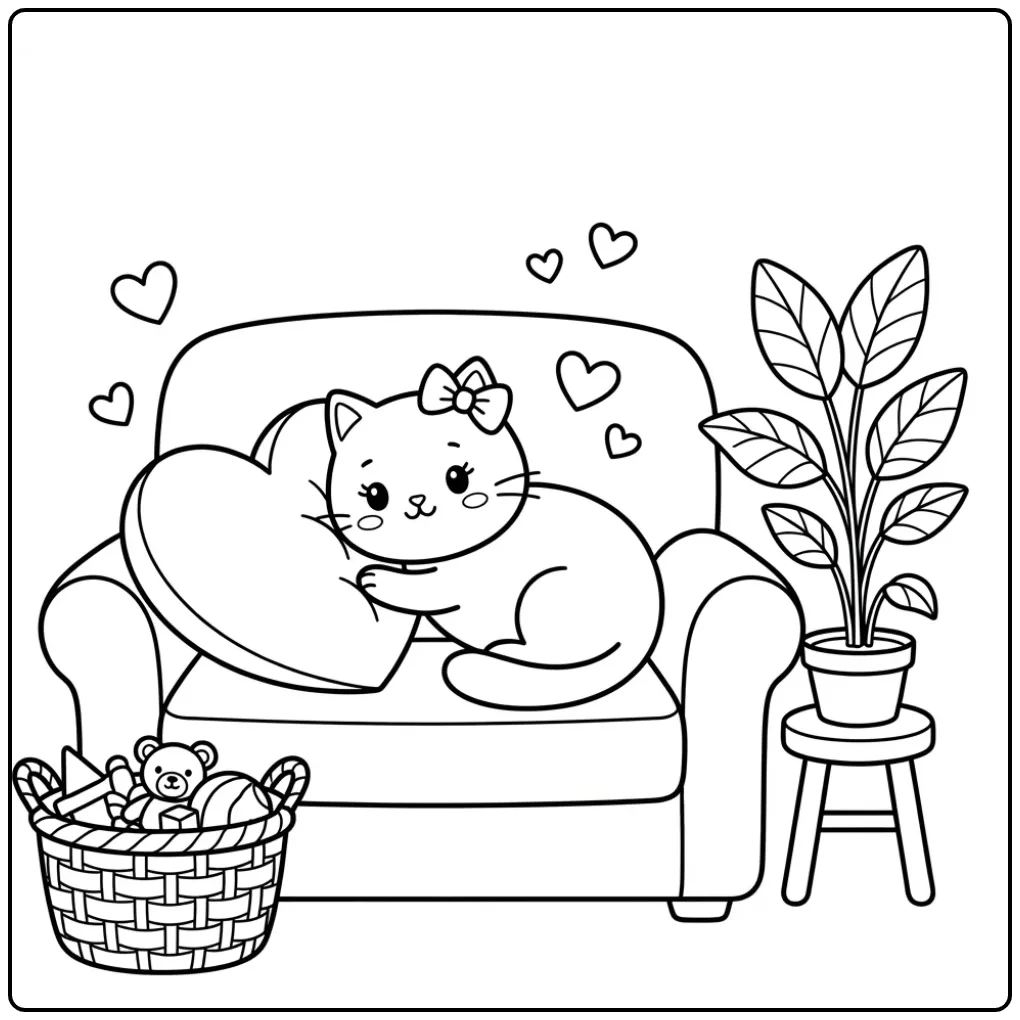 Cute Cat with Hearts on the Couch coloring page