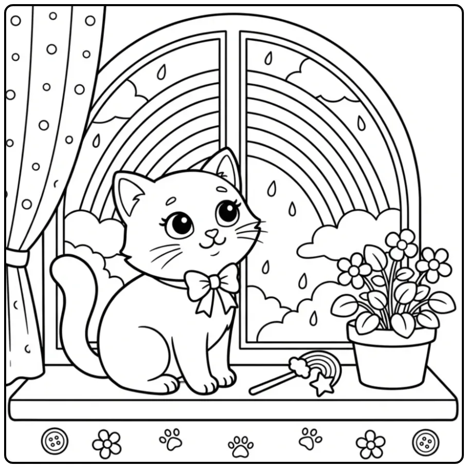Cute Rainbow Cat by the Window coloring page