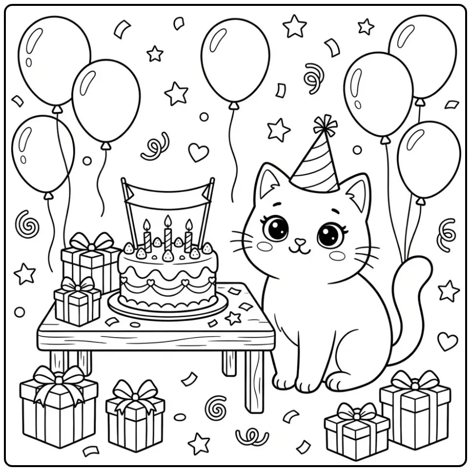 Cute Cat Birthday with Cake and Gifts coloring page