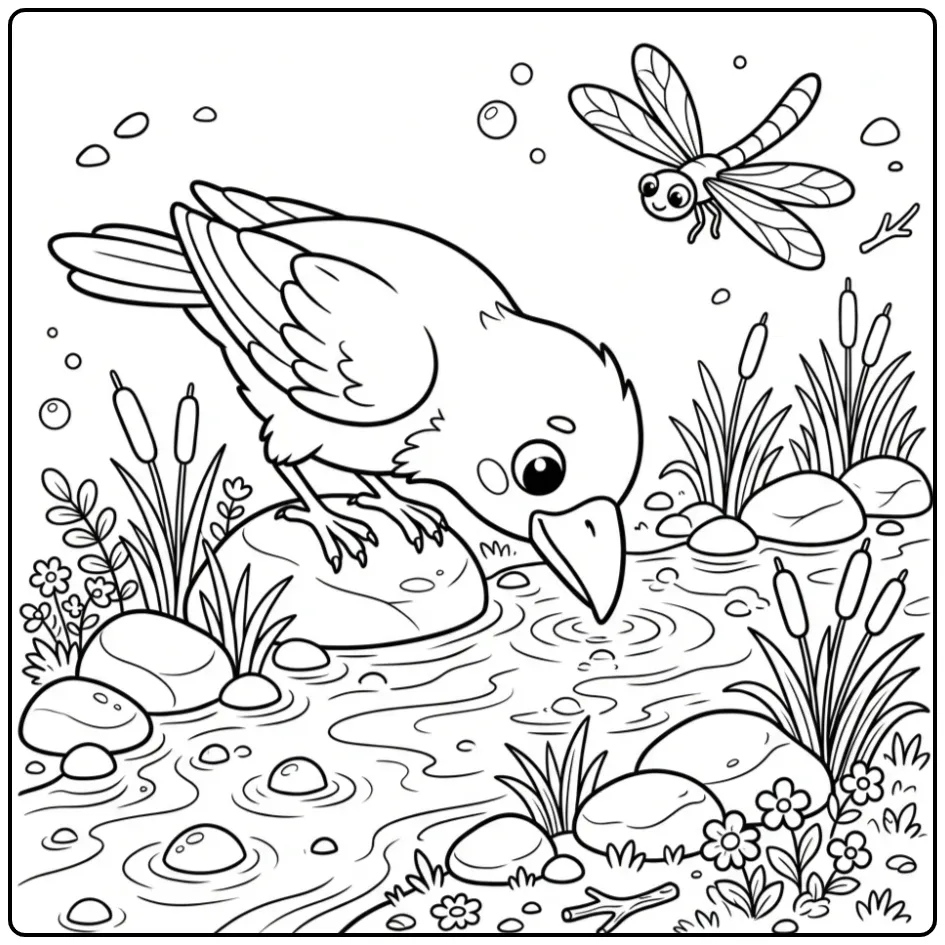 Cute Raven by the Water with a Dragonfly coloring page