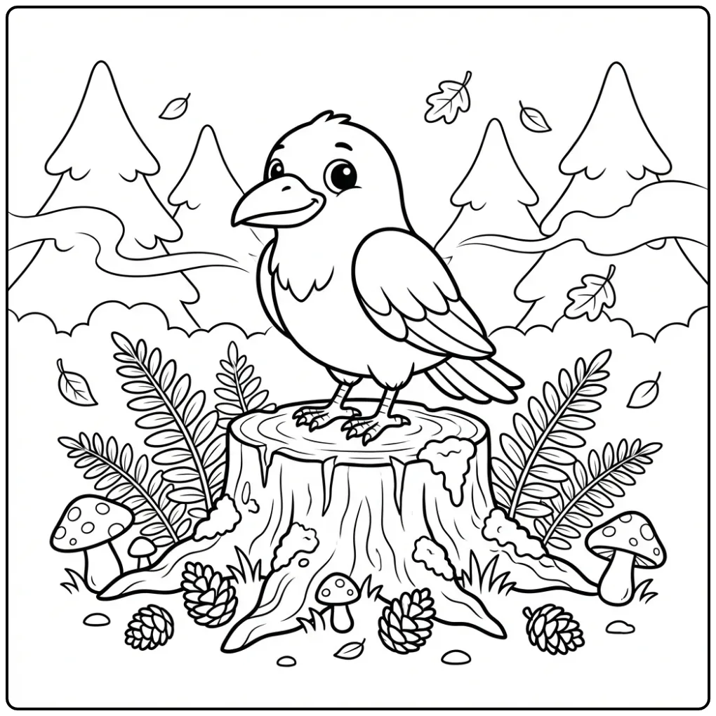 Cute Raven in a Misty Pine Forest Design coloring page