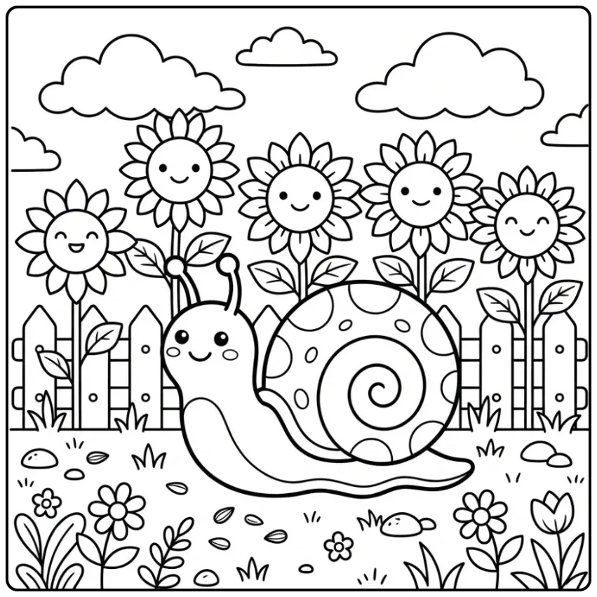 Cute Snail in the Garden with Flowers coloring page