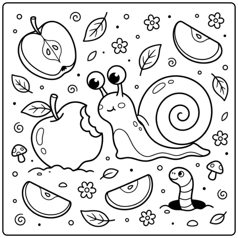 Cute Snail with Apple and Worm coloring page