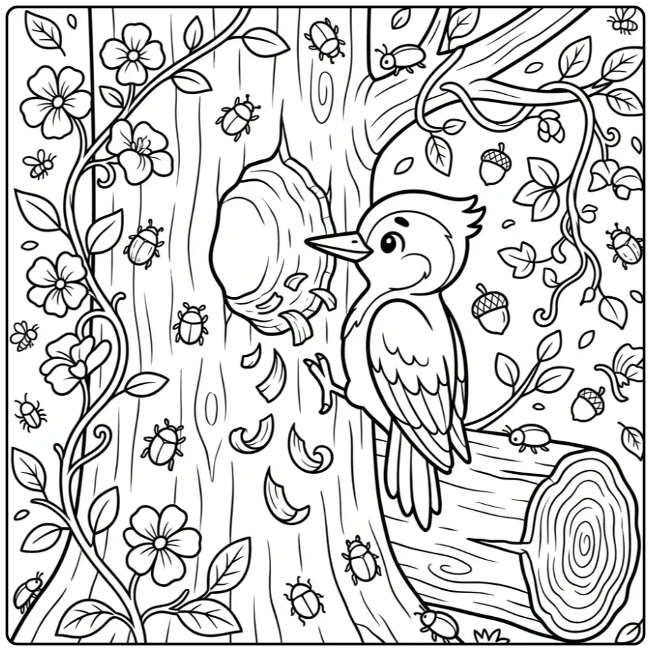 Cute Woodpecker with a Tree Trunk Nest coloring page
