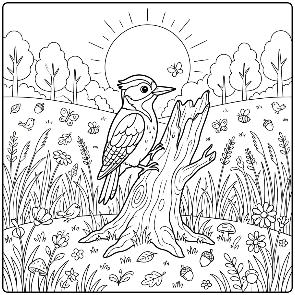 Cute Woodpecker in a Sunny Forest Landscape coloring page