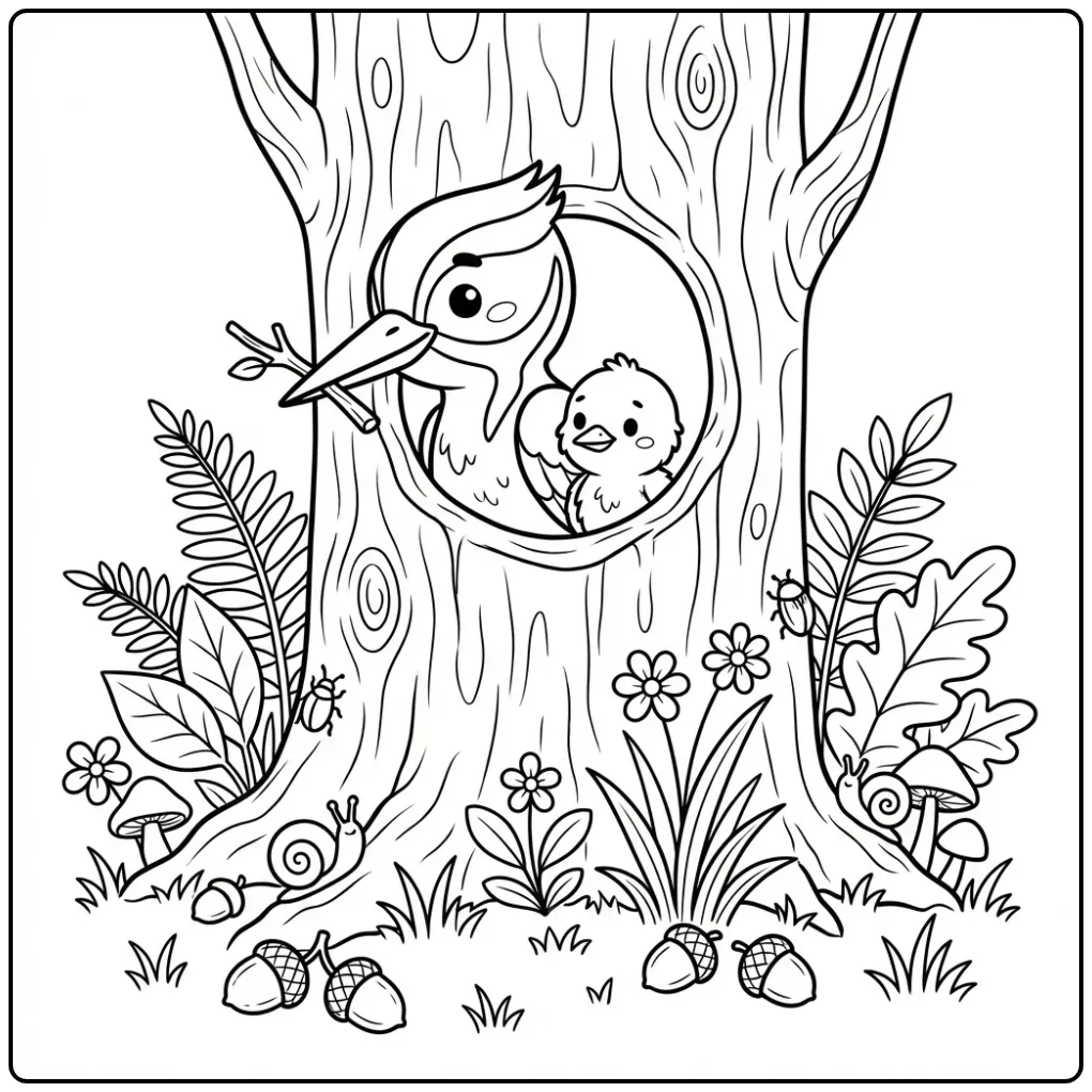 Cute Woodpecker with a Chick in a Hollow Tree coloring page