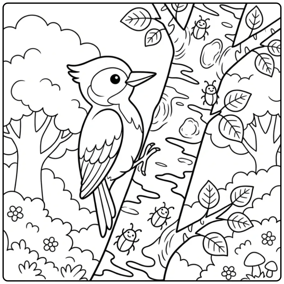 Cute Woodpecker on a Birch Tree coloring page