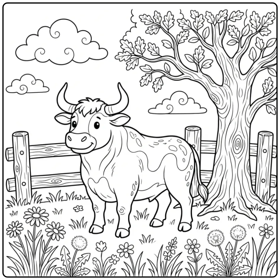 Cute Bull in a Meadow with an Oak Tree coloring page