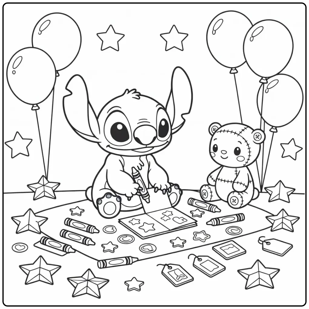 Cute Stitch Birthday with Party Decorations coloring page