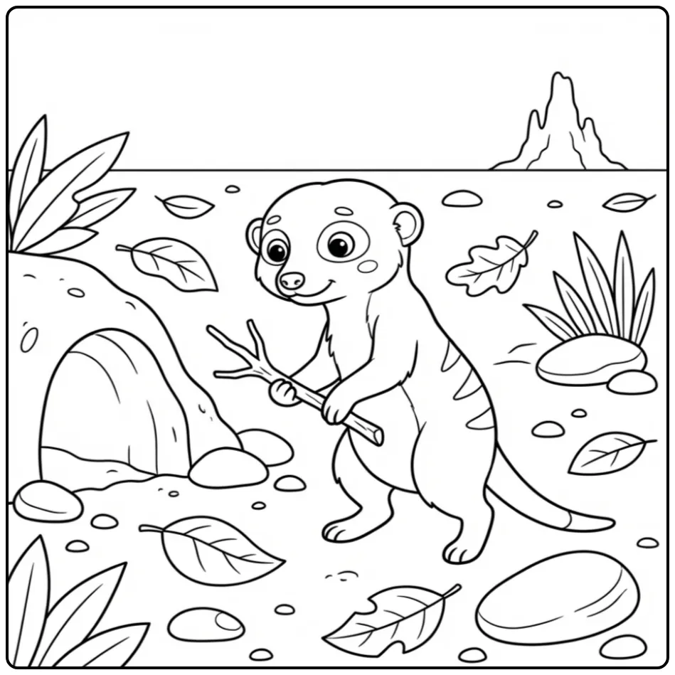 Meerkat coloring page featuring a meerkat cleaning its burrow
