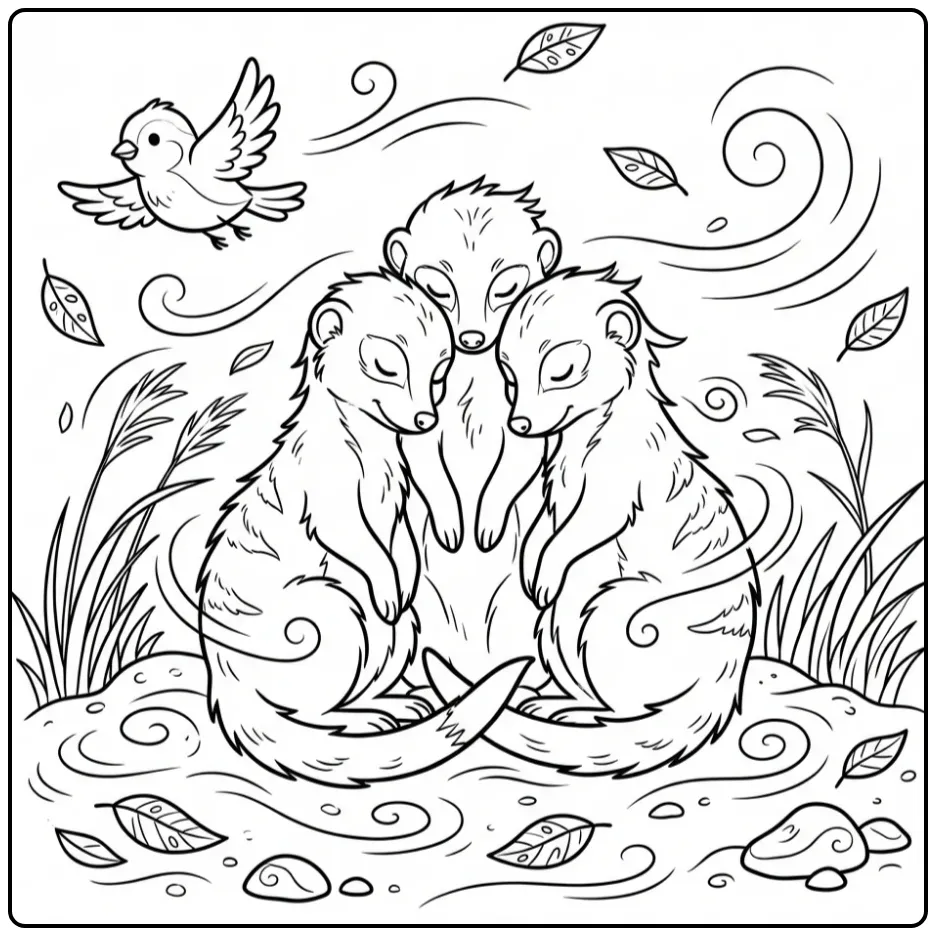 Meerkat coloring page featuring three meerkats together
