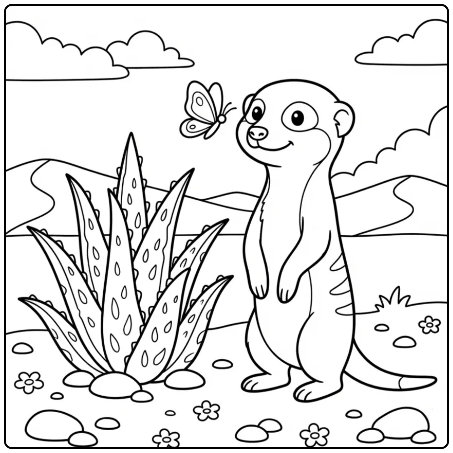 Meerkat coloring page showing a meerkat and a butterfly