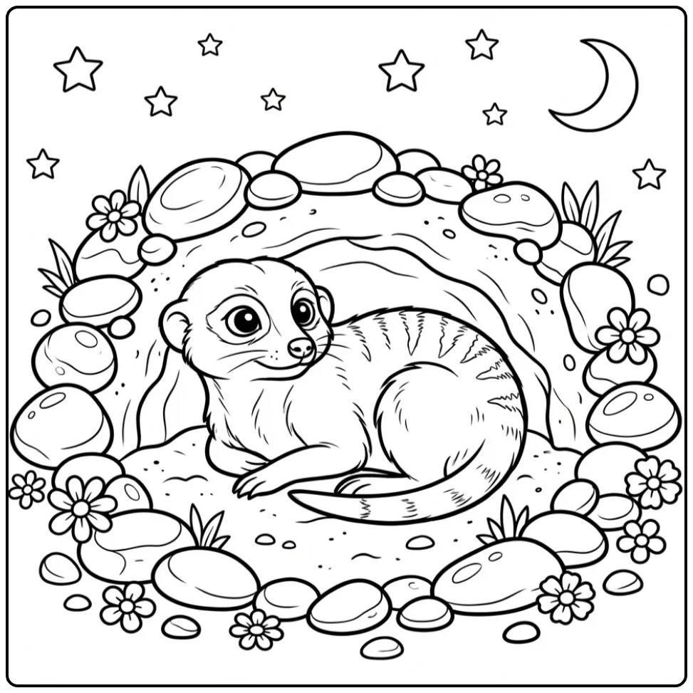 Meerkat coloring page showing a meerkat under the stars