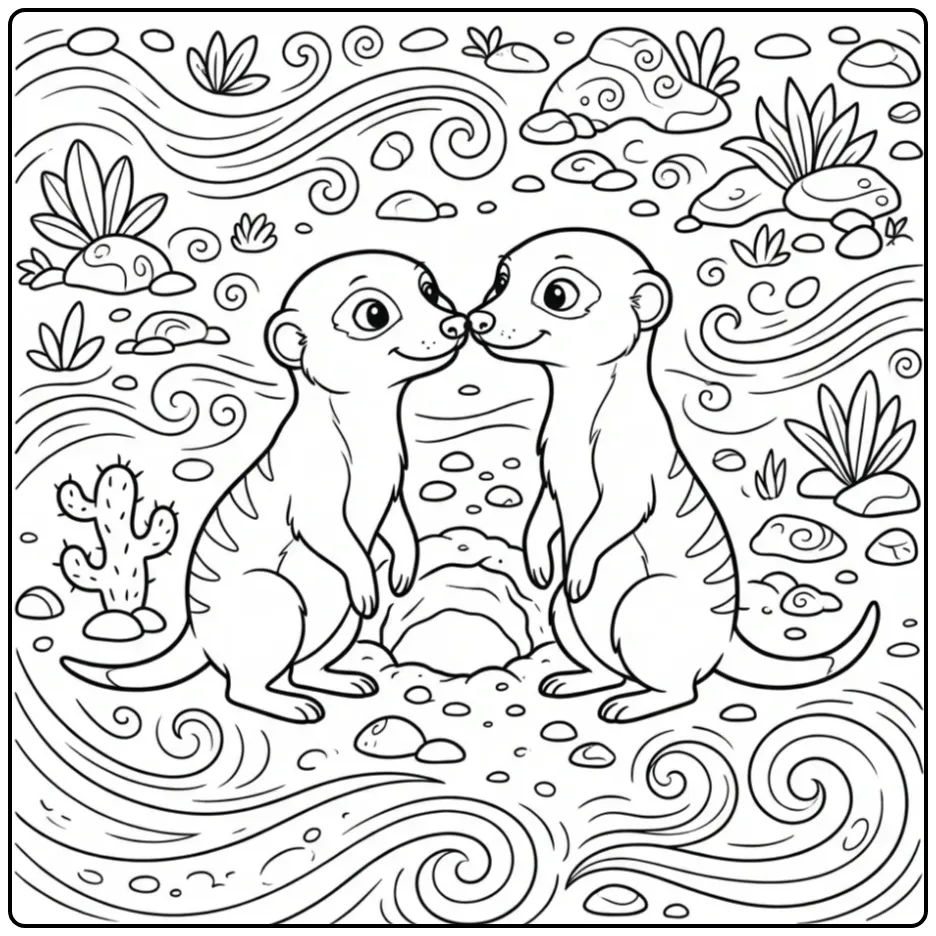 Meerkat coloring page showing meerkats greeting at their burrow