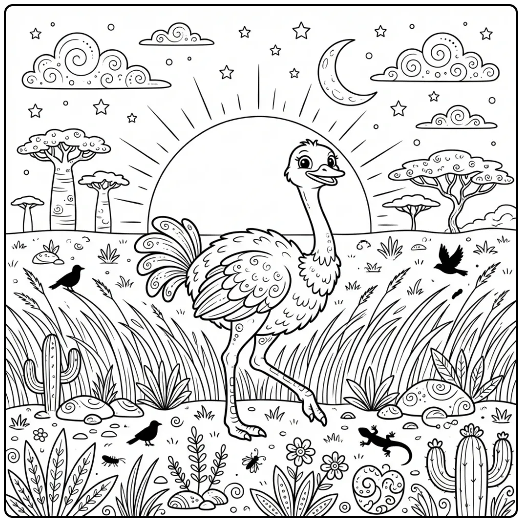 Cartoon ostrich coloring page in grass with the moon