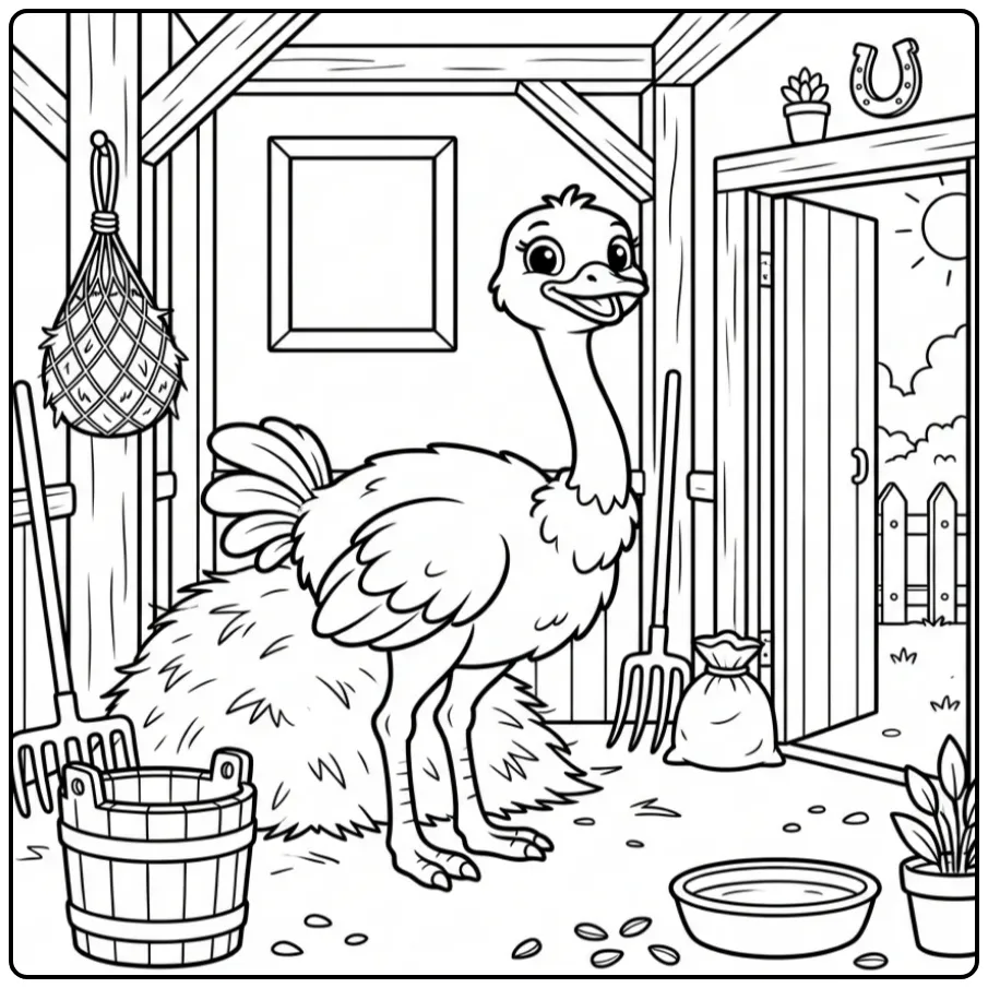Ostrich coloring page in a stable with hay and a bucket