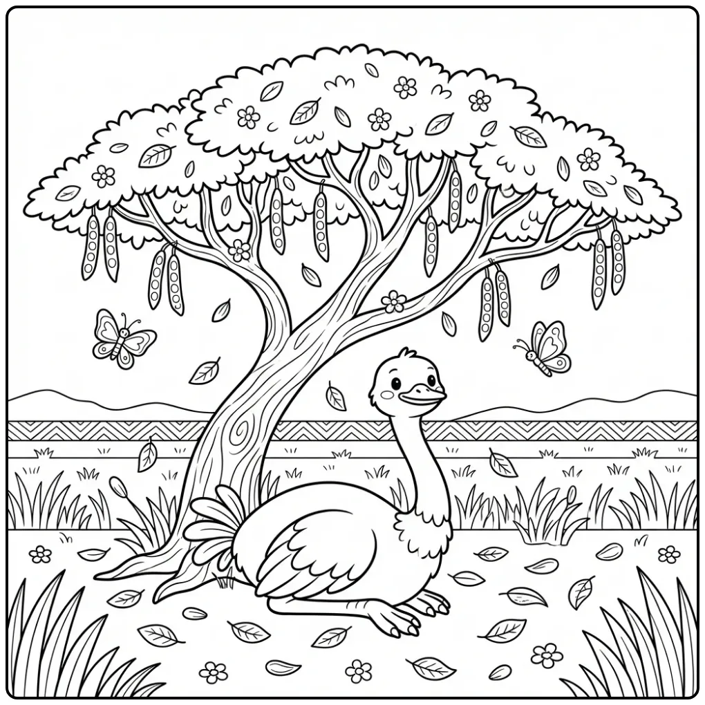 Ostrich coloring page under a large acacia tree