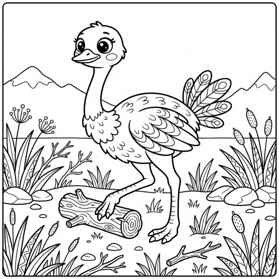 Ostrich coloring page in nature with mountains