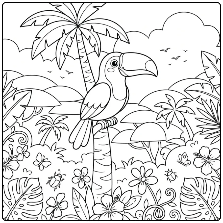 Cute Toucan in the Jungle coloring page