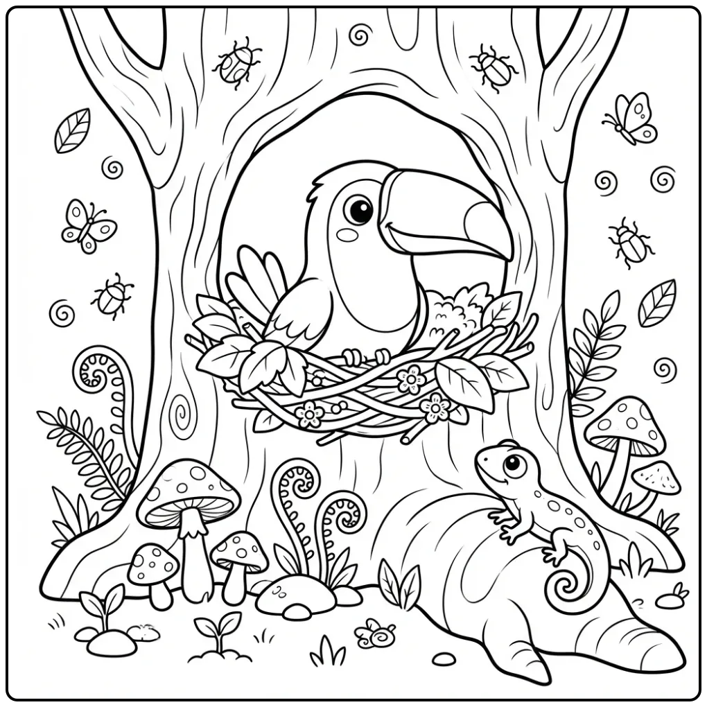 Cute Toucan in a Tree Hollow coloring page