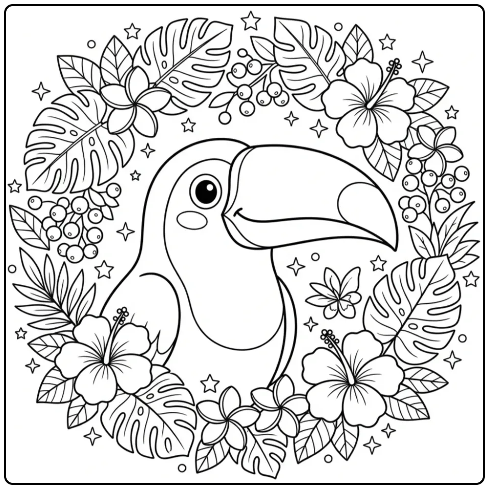 Cute Toucan with Flower Crown and Berries coloring page