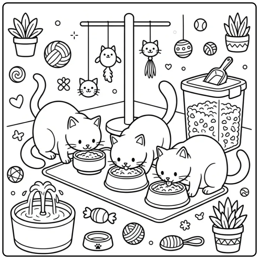 Cute Cats at the Food Bowl coloring page