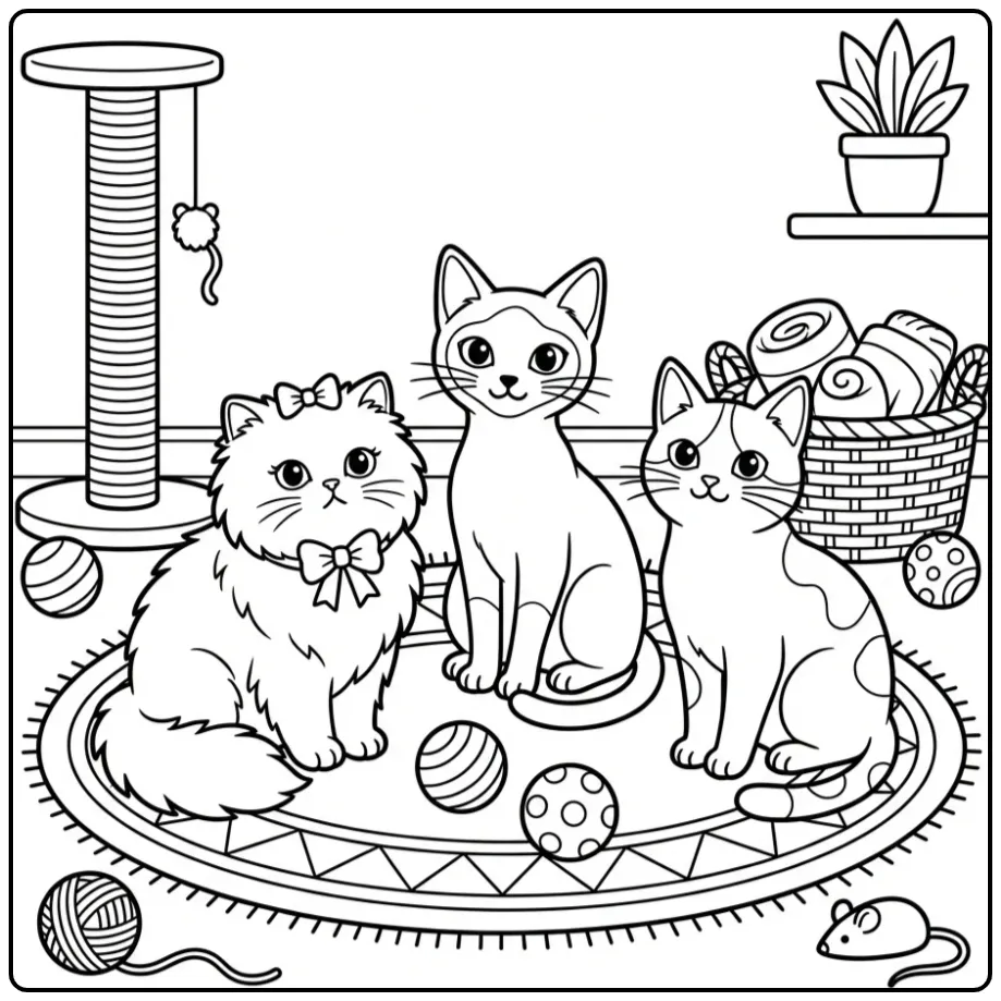 Cute Cats on a Soft Carpet coloring page