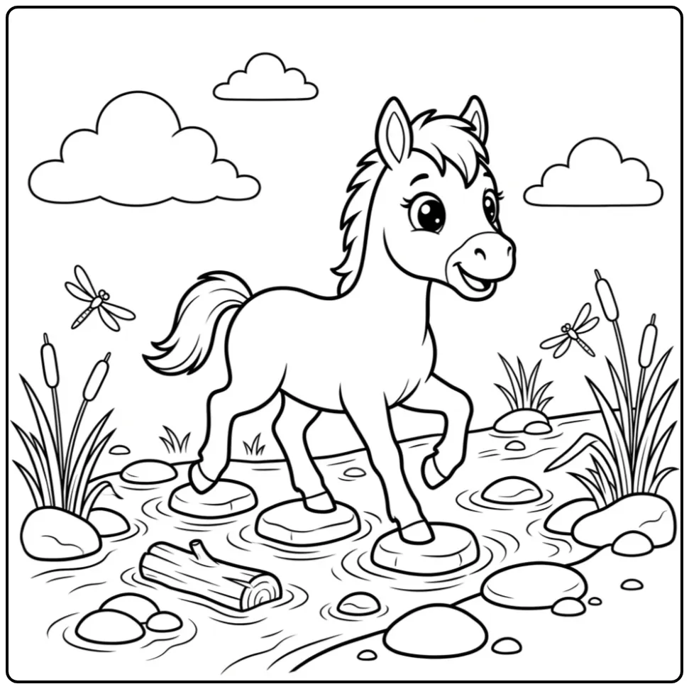 Cute Foal Jumping Over Stepping Stones coloring page