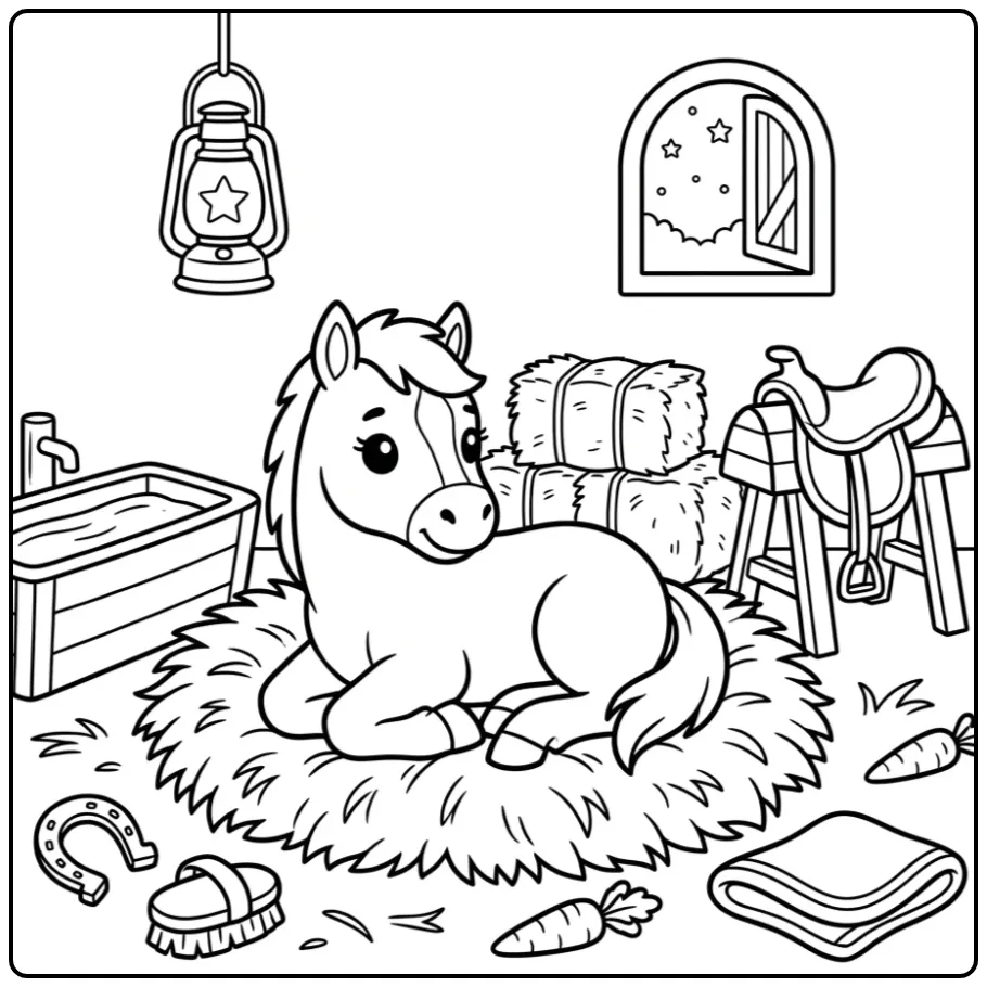Cute Foal in a Warm Stable coloring page