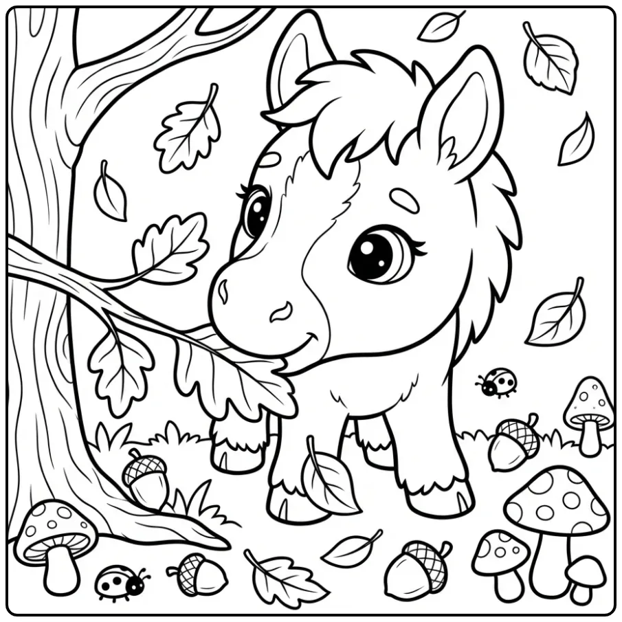 Cute Foal with Autumn Leaves coloring page