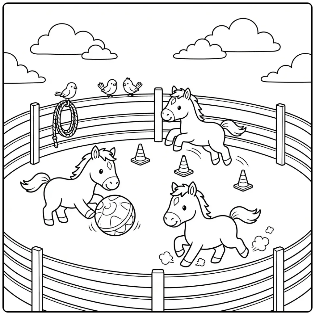 Cute Foals with Ball and Cones coloring page