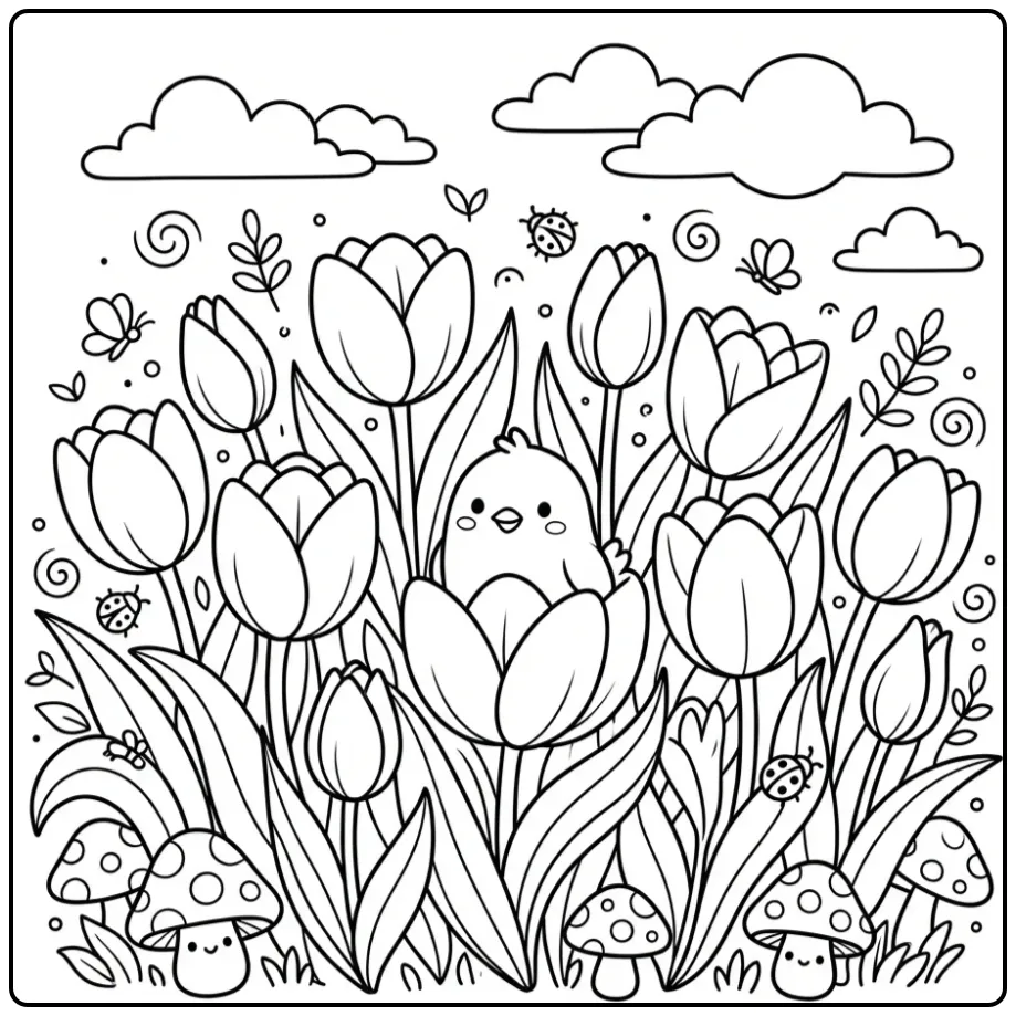 Cute Birds and Flowers in a Tulip Garden coloring page