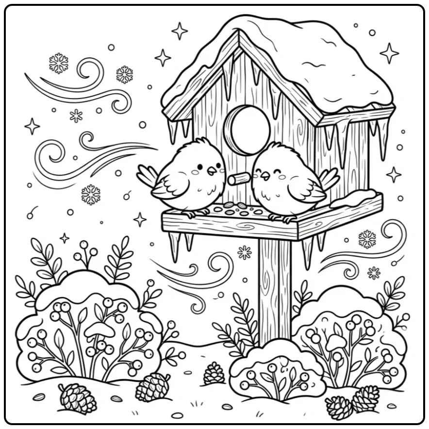 Cute Birds in Winter with a Bird Feeder coloring page