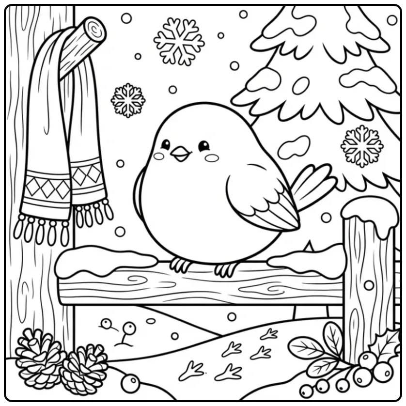 Cute Birds in the Winter on a Fence coloring page
