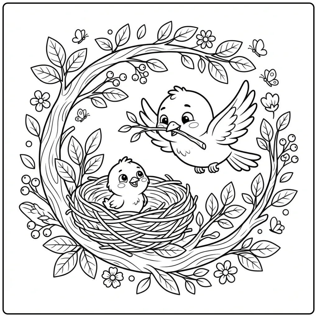 Cute Little Birds in a Cozy Nest coloring page