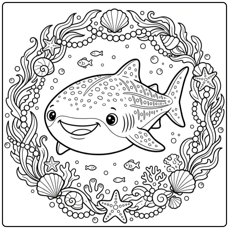 Cute Whale Shark in a Underwater Wreath coloring page