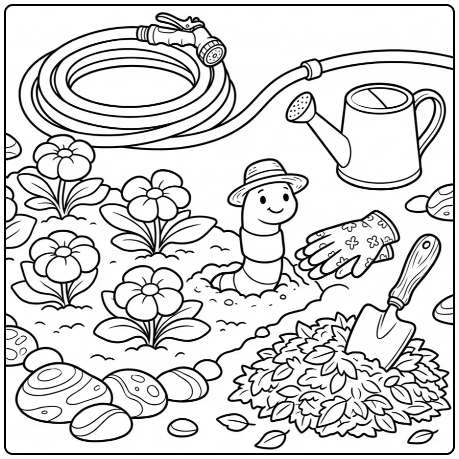 Cheerful worm coloring page among garden tools and flowers