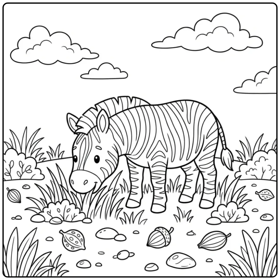Cute Zebra Eating in a Meadow with Plants coloring page