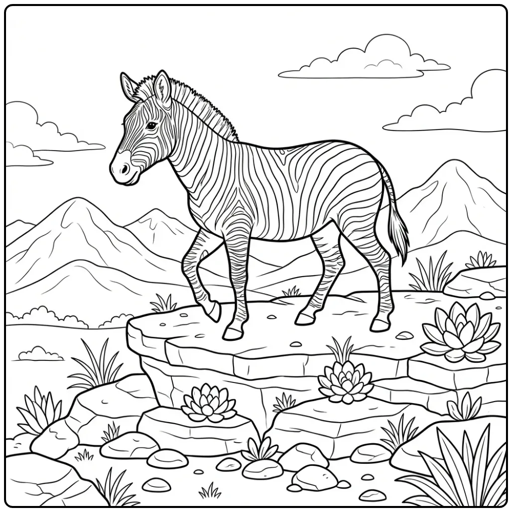 Cute Zebra in a Mountain Landscape coloring page