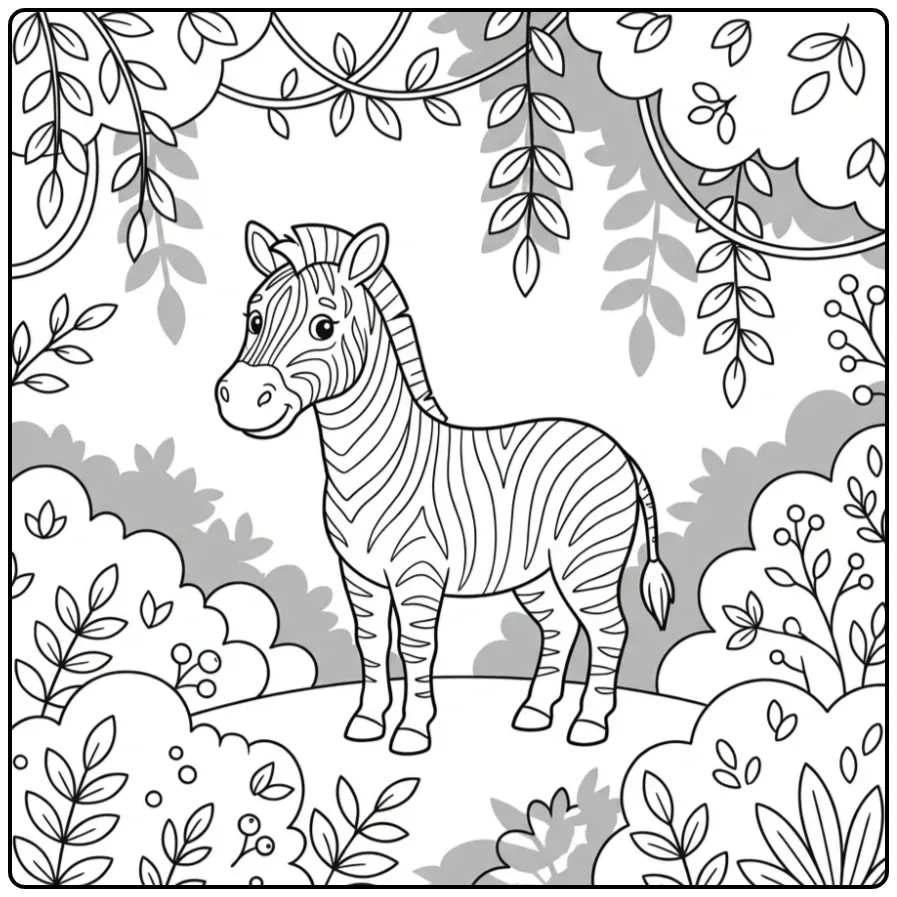 Cute Zebra with Leaves and Nature coloring page