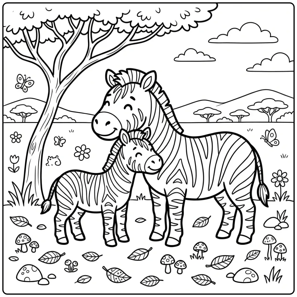 Cute Zebra with Foal in Nature coloring page